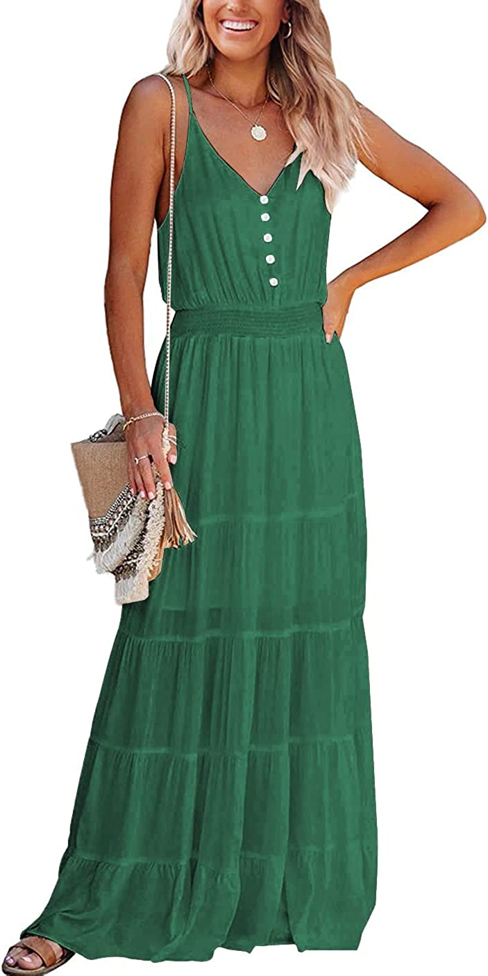 Women's Causal Summer Dress Spaghetti Strap Sleeveless High Waist Beach Long Maxi Dresses