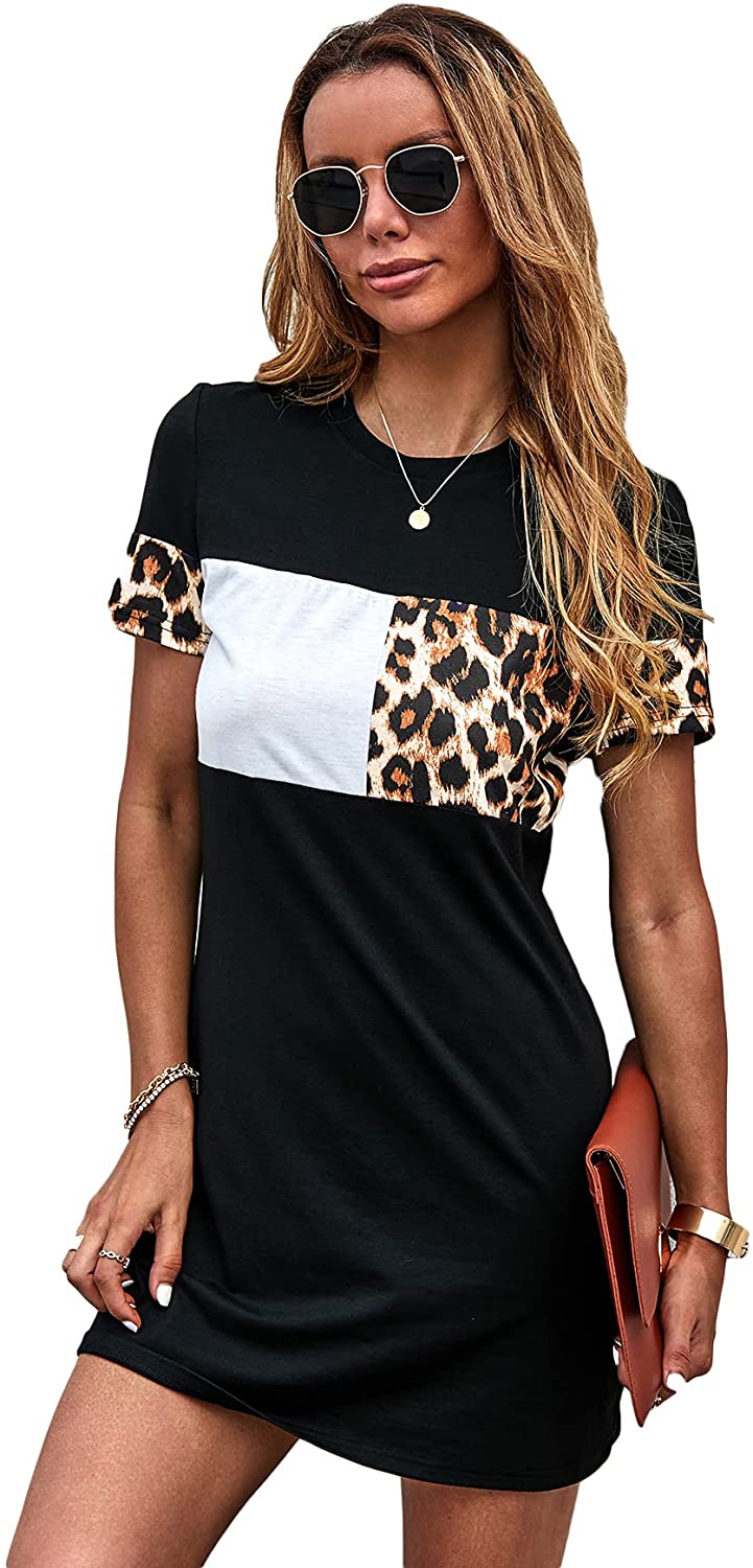 Women's Short Sleeve Color Block Leopard Print Tunic Dress