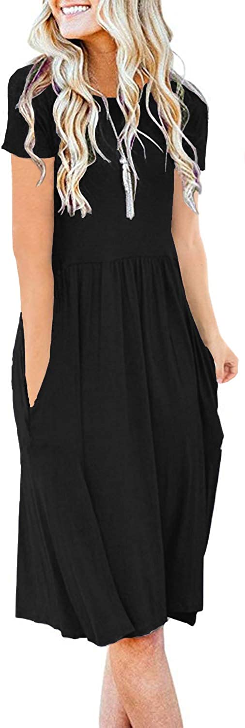 Women's Short Sleeve Pockets Empire Waist Pleated Loose Swing Casual Flare Dress