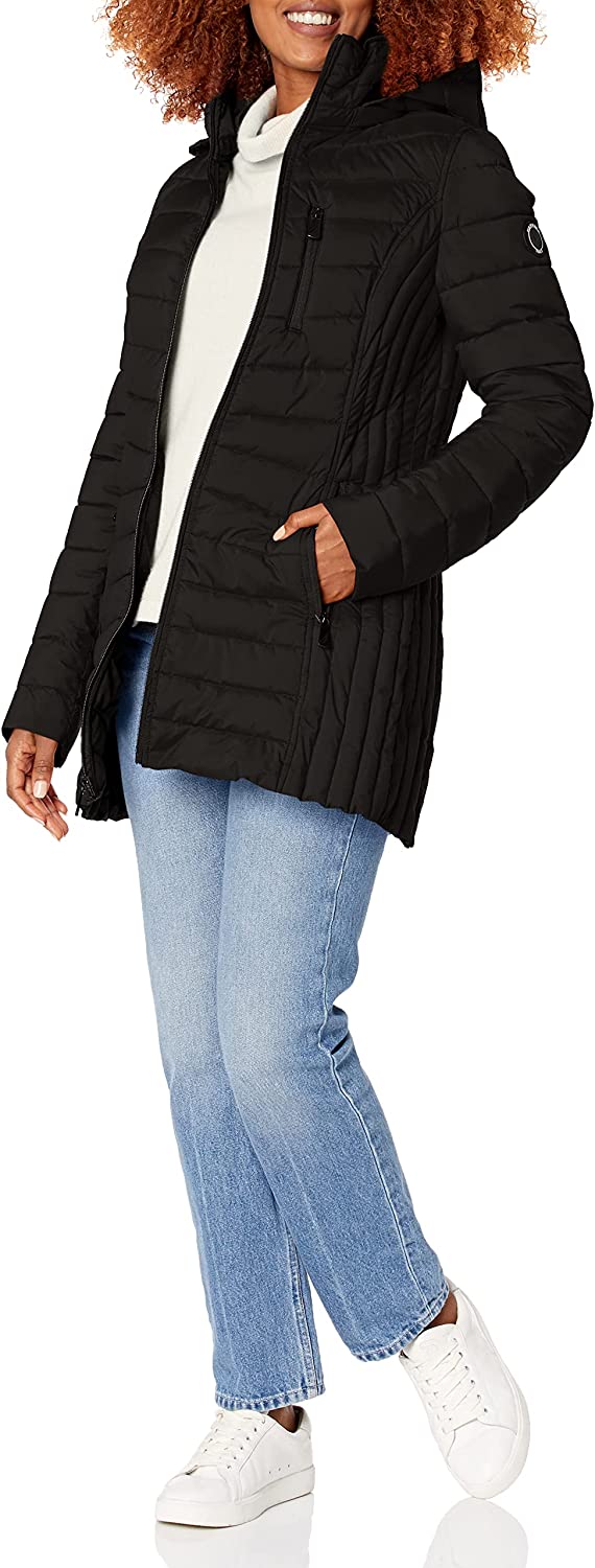 Nautica Women's 3/4 Midweight Stretch Puffer Jacket with Hood