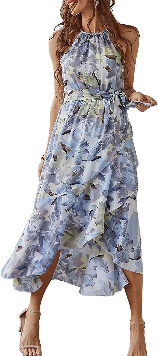 Women's Boho Halter Neck Floral Print Long Maxi Dress Sleeveless Split Ruffle Swing Beach Sundress with Belt