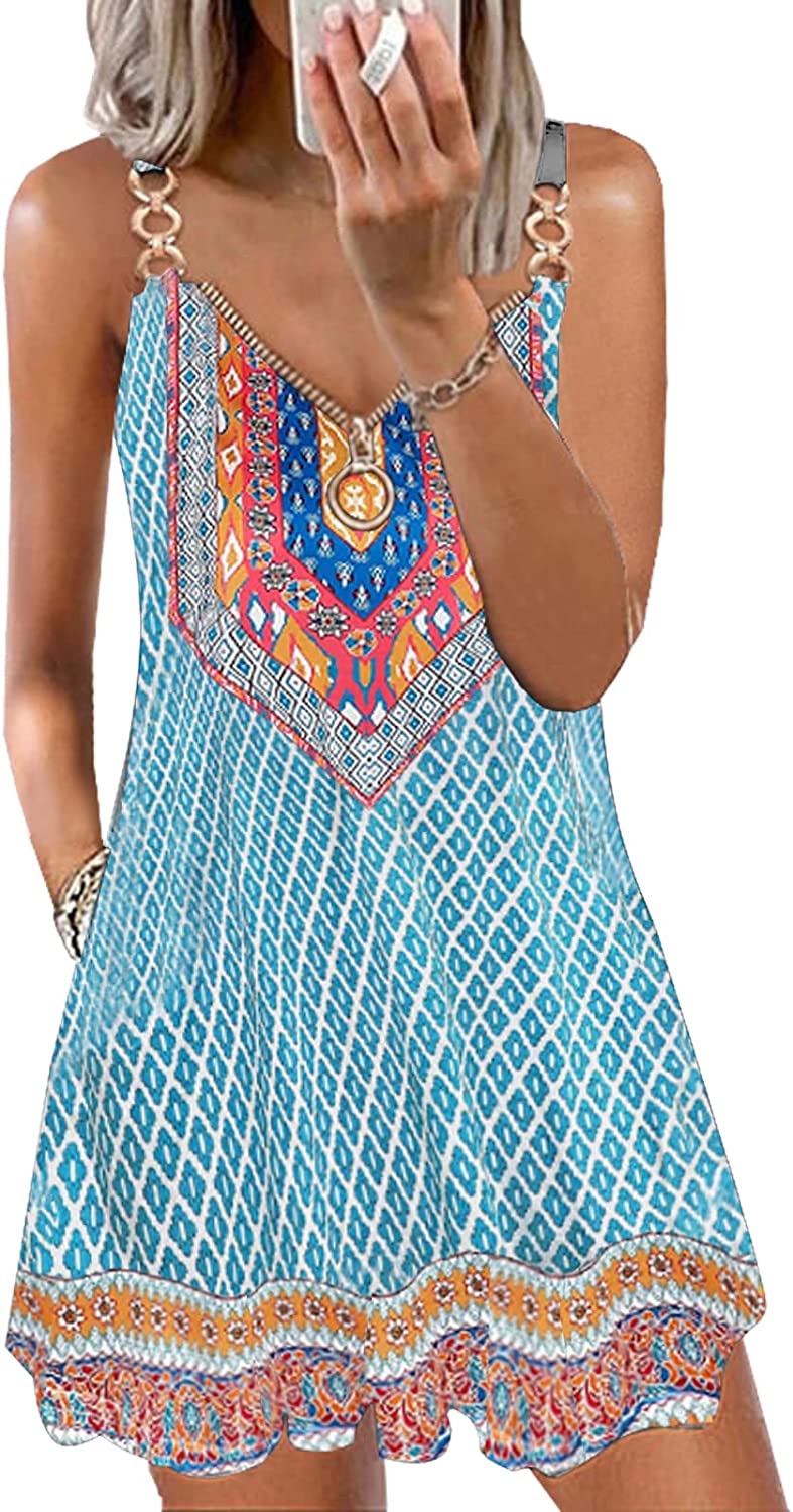 Women's Summer Dresses 2022 Boho Floral Print Beach Dress V Neck Sleeveless Spaghetti Strap Sundresses with Pockets
