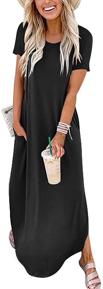 Women's Casual Loose Short Sleeve Long Dress Split Maxi Summer Beach Dress with Pockets