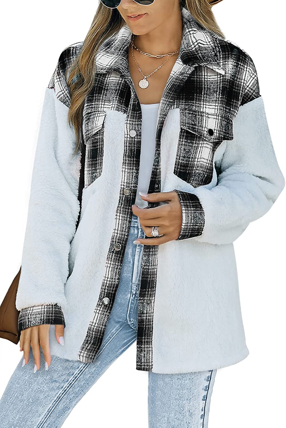 Happy Sailed Womens Flannel Plaid Contrast Fuzzy Fleece Jackets Long Sleeve Button Down Cozy Sherpa Jacket Outwear Coats