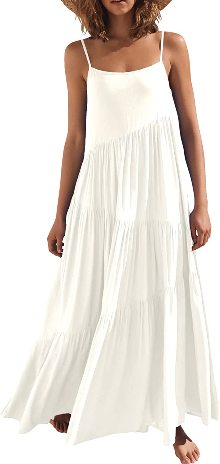 Women’s Summer Casual Loose Sleeveless Spaghetti Strap Asymmetric Tiered Beach Maxi Long Dress