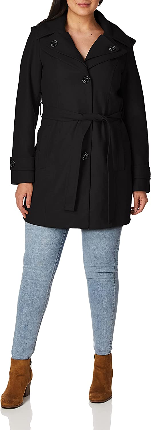 LONDON FOG Women's Double Lapel Thigh Length Button Front Wool Coat with Belt