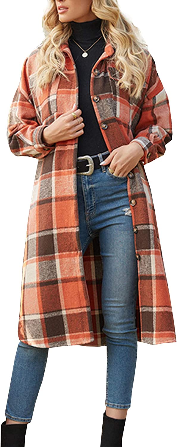 Ainangua Women's Casual Wool Blend Long Plaid Shirt Jacket Button Down Pocketed Shirt Shacket