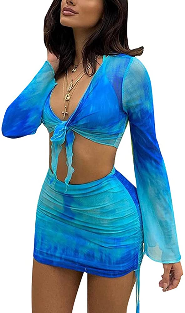 Women's Sexy Long Sleeve 2 Pieces Sheer Mesh Cover Up Dress Crop Top Bodycon Ruched Y2K Mini Skirt Sets