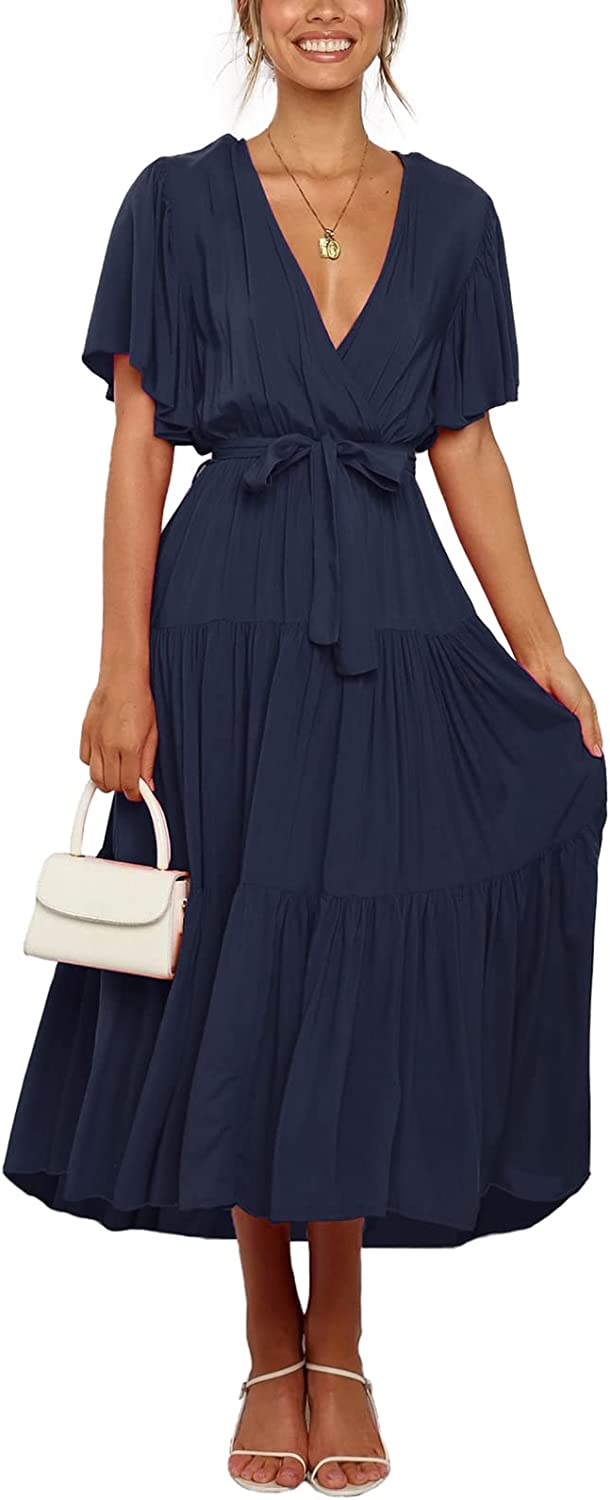 Women's Maxi Dress Summer Short Sleeve Chiffon Dresses Casual V Neck Tie Waist Formal Dress