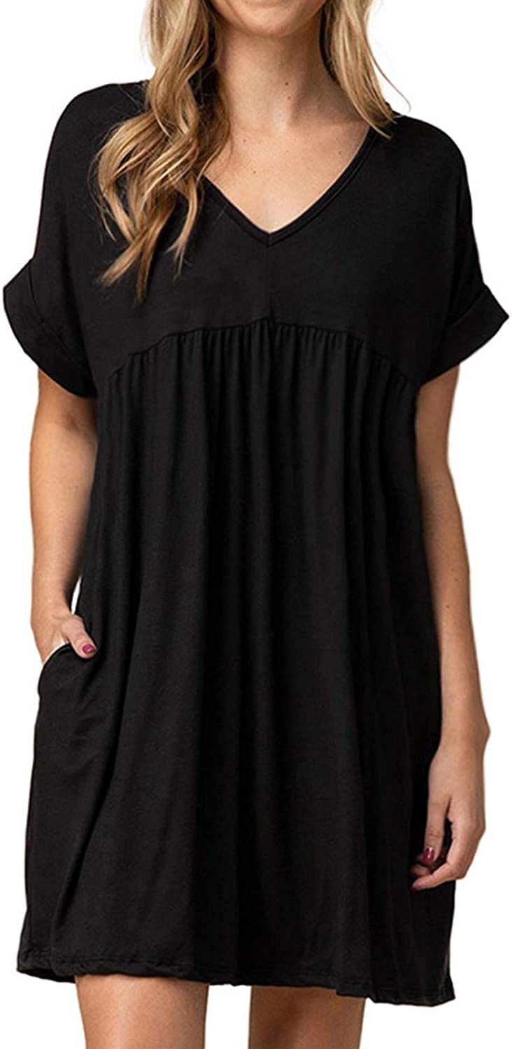 Women's Baby Doll Dress Summer Casual Tunic Pleated Flowy Swing Short Sleeve Black V Neck Mini Dress