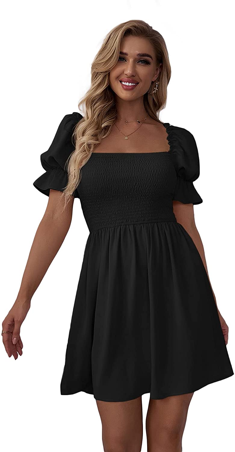 Women's Square Neck Flounce Short Sleeve Shirred Ruffle Hem Dress