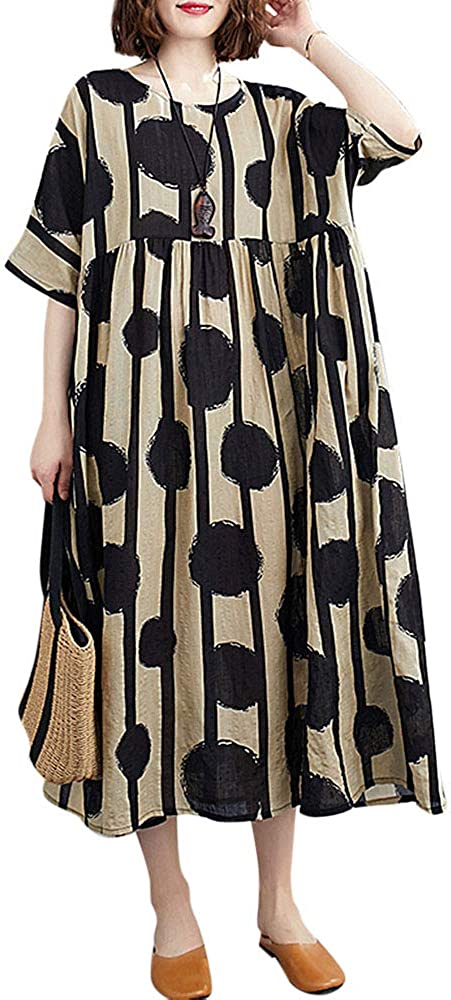 Women Cotton Linen Dress Casual Loose Bohemian Floral Maxi Dress with Pockets