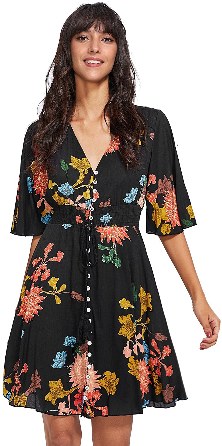 Women's Boho Button Up Split Floral Print Flowy Party Dress