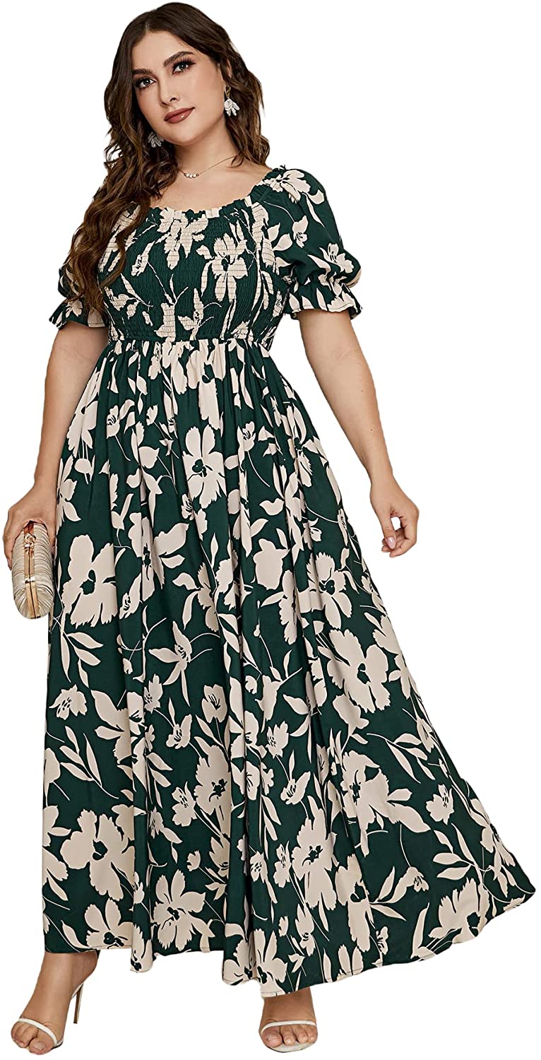 Women's Plus Size Boho Floral Short Sleeve High Waist A Line Swing Maxi Dress