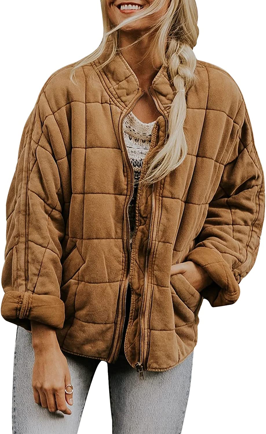 SAUKOLE Womens Winter Dolman Long Sleeve Full-Zip Quilted Jacket Coat Warm Outerwear