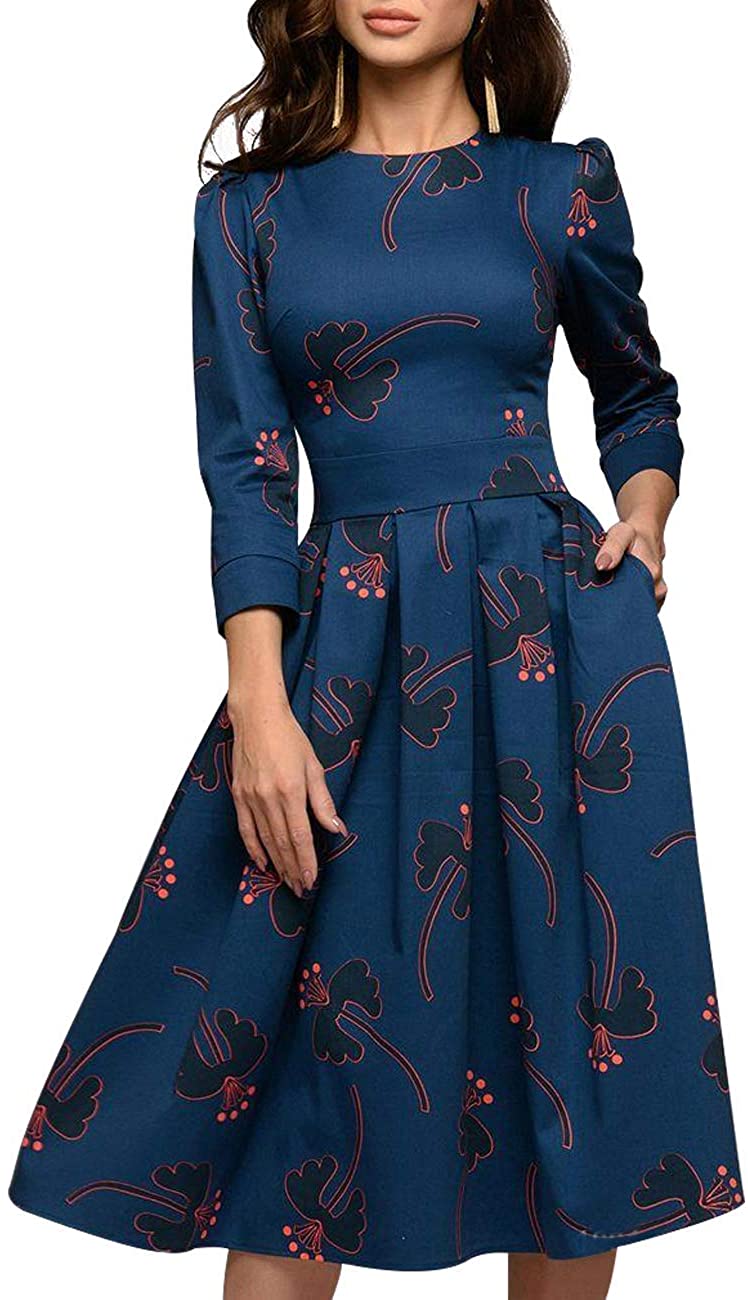 Women's Floral Evening Flare Vintage Midi Dress 3/4 Sleeve