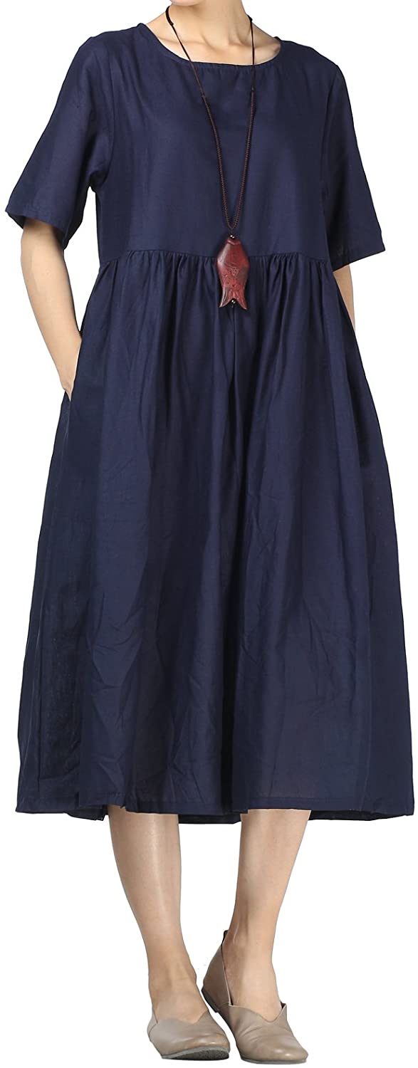 Women's Cotton Linen Dress Summer Midi Dresses with Pockets