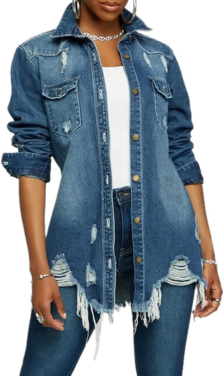 Denim Jacket for Women Winter Long Sleeve Classic Distressed Butterfly Jean Trucker Jackets