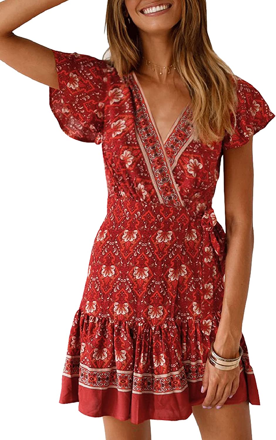 Women’s Summer Wrap V Neck Bohemian Floral Print Ruffle Swing A Line Beach Mini Dress