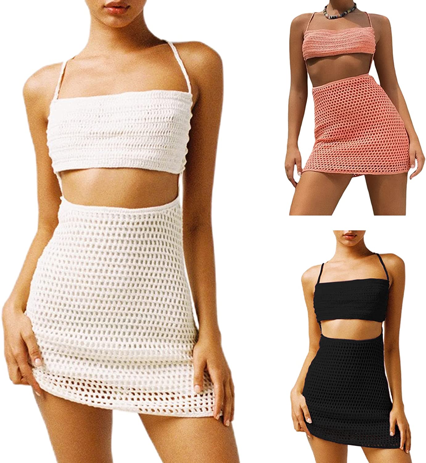 Women 's Sexy Knitted Suspender Bodycon Dress Hollow Out Twist Tie-up Backless Skinny Short Mini Club Dresses