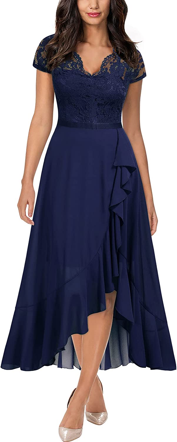 Women's V Neck Elegant Lace Ruffle Bridesmaid Maxi Dress