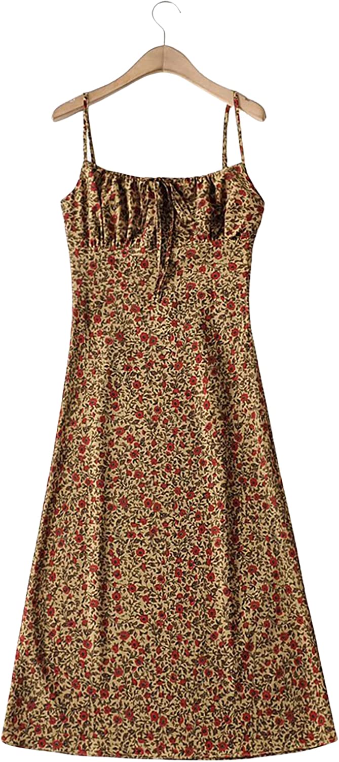 Women's Floral Dress Low-Cut Square Neck Spaghetti Strap Tie Bodycorn Dresses