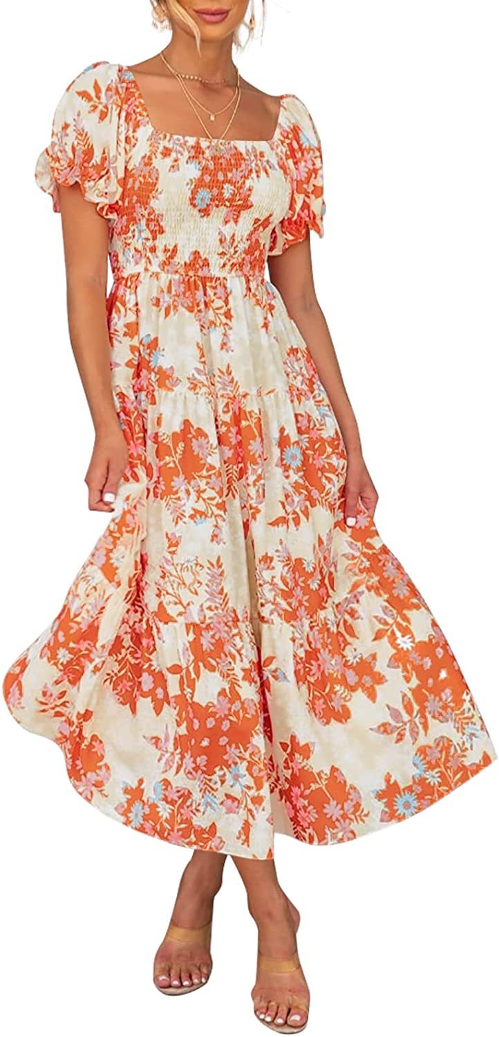 Women's Summer Boho Floral Print Square Neck Ruffle Swing Beach Long Maxi Dress