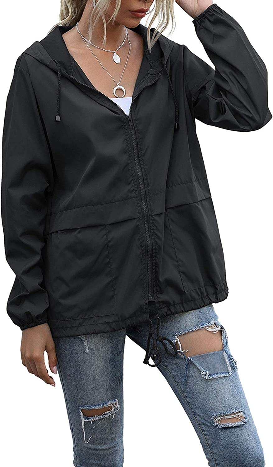Women's Waterproof Raincoat Lightweight Rain Jacket Hooded Windbreaker With Pockets For Outdoor