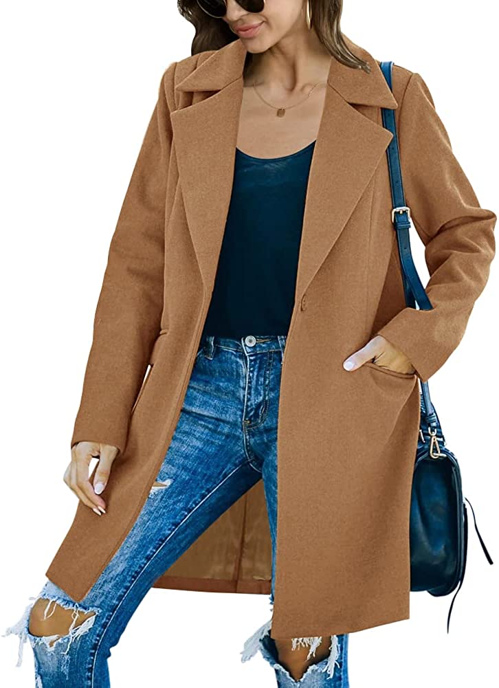 Womens Casual Long Sleeve Wool Blend Pea Coat Lapel Notched Collar Warm Midi Jacket Overcoat