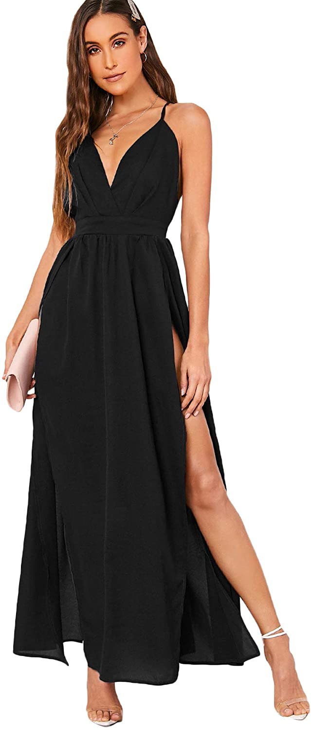Women's V Neck Spaghetti Strap Backless Split Cocktail Party Maxi Long Dress