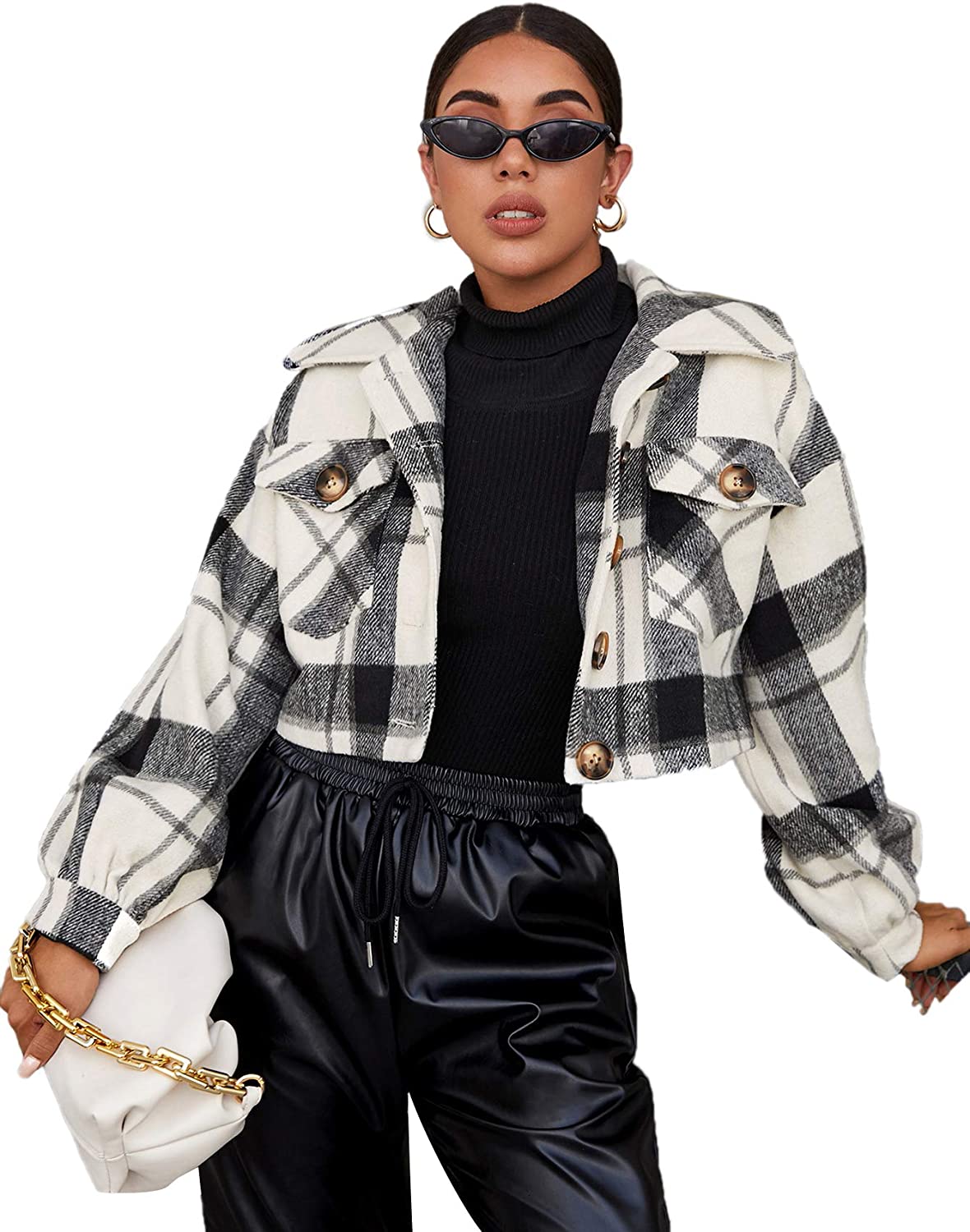 Floerns Women's Buffalo Plaid Button Front Patch Pocket Crop Jacket Coat