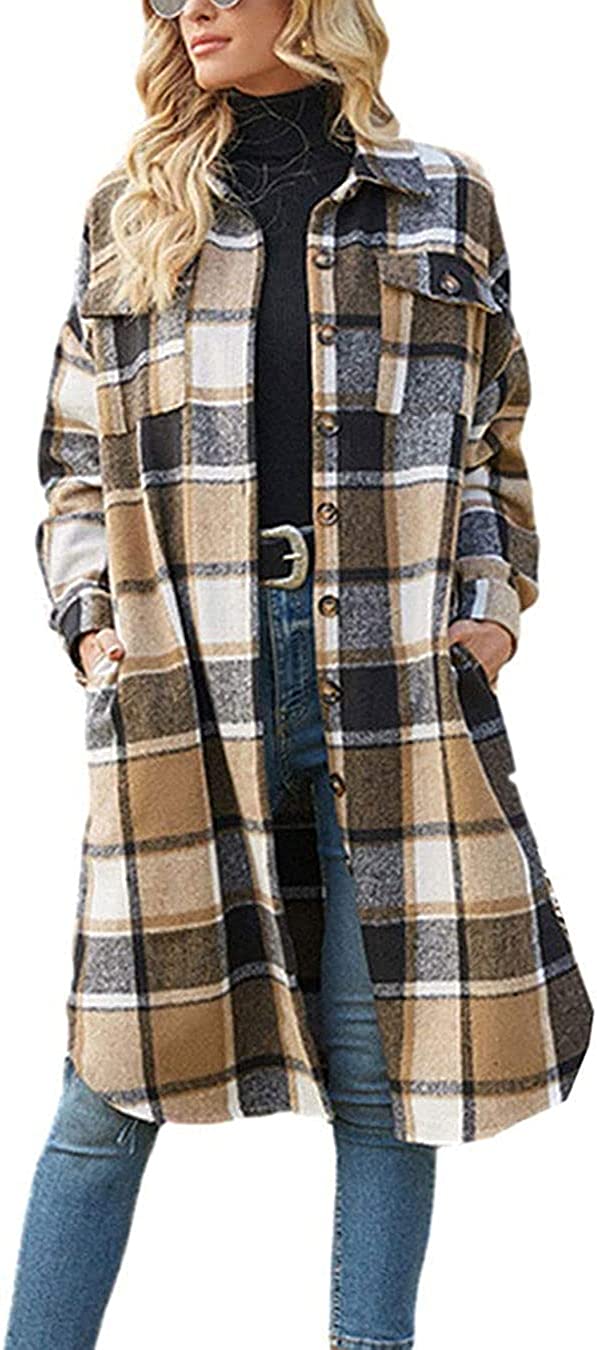 Ownow Womens Casual Flannel Plaid Button Down Jacket Long Sleeve Lapel Pocketed Shacket Coat