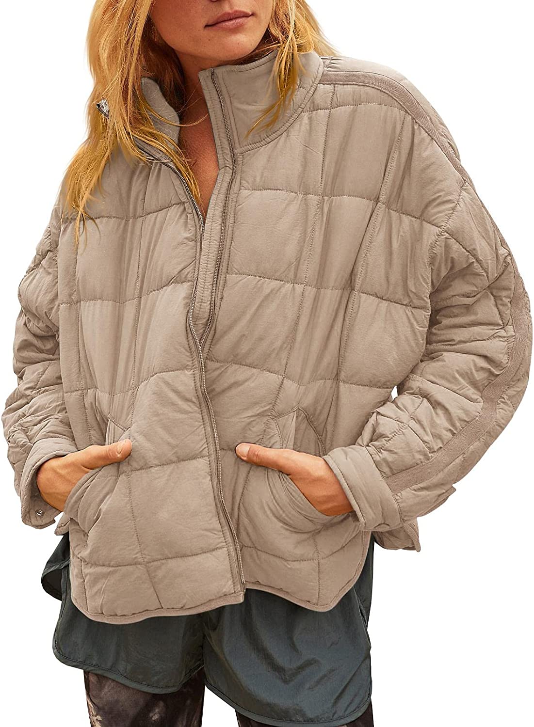 Women's Lightweight Oversized Long Sleeve Zip Water Resistant Packable Puffer Jacket Warm Short Winter Coat