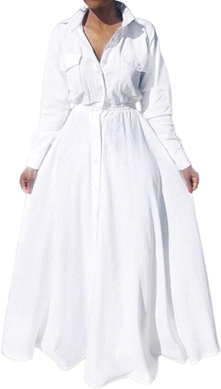 Women's Pleated Long Sleeve Party Cocktail Long Maxi Button Down White Shirt A-line Dress Plus Size Pockets Front