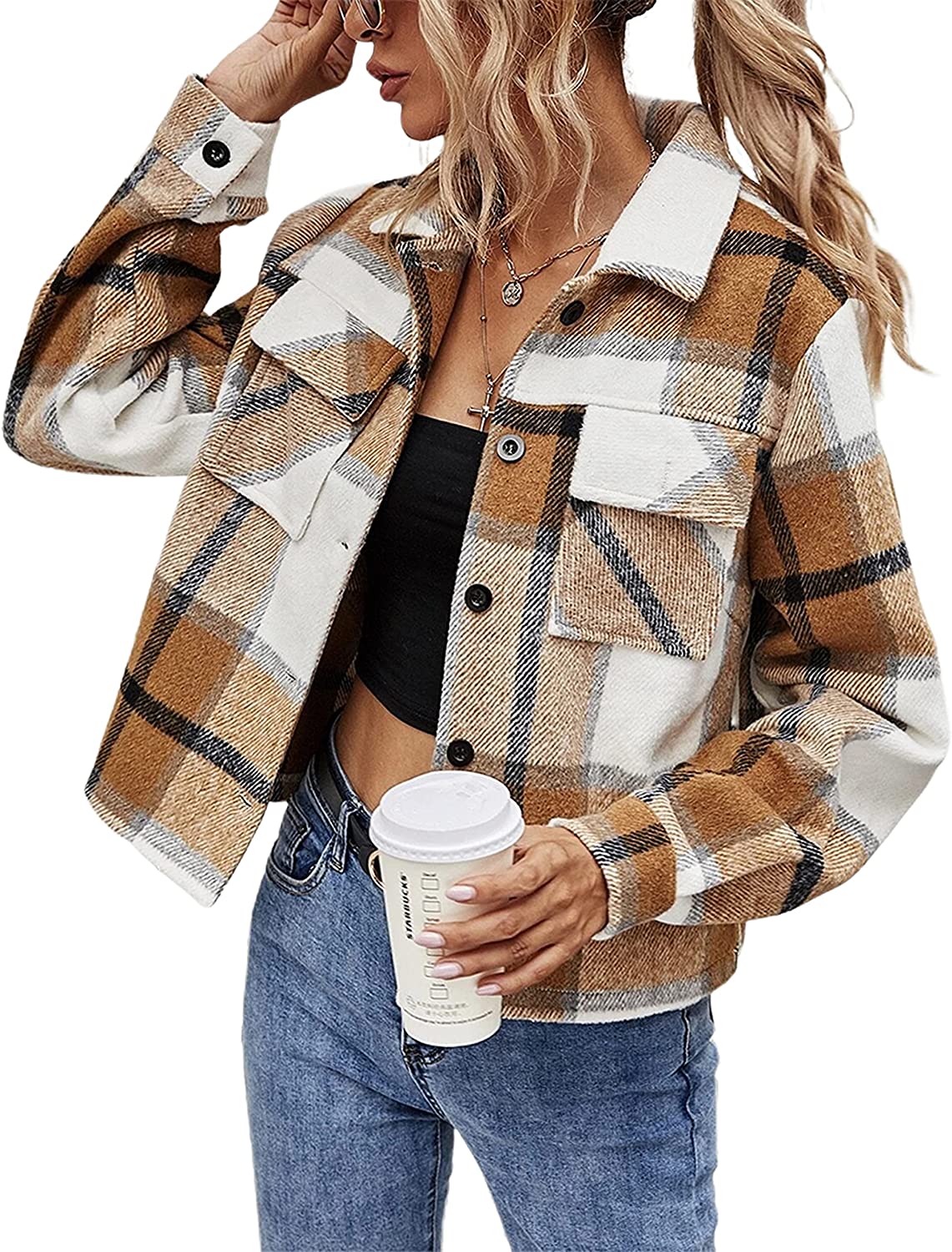 SCUSTY Women's Fall Fashion Cropped Shacket Plaid Wool Blend Flannel Jacket Shirts Short Coat