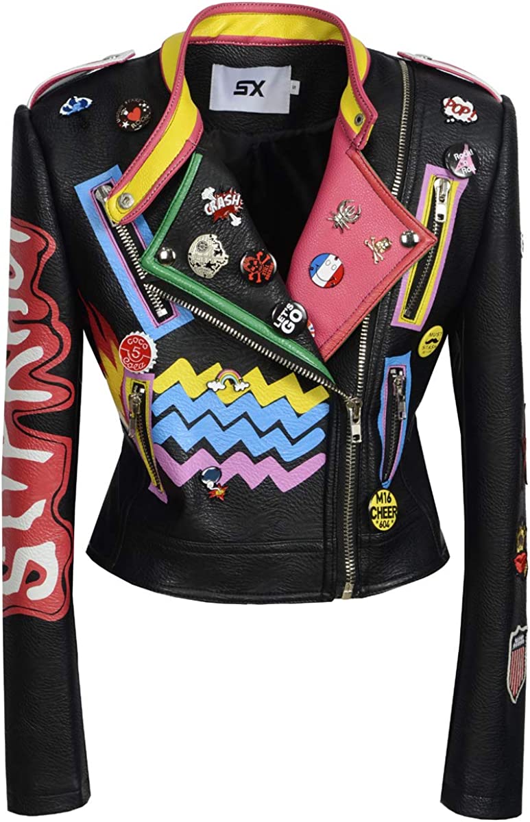 LFSS Women's classic badge slim jacket personalized rivet punk short Motorcycle Jacket