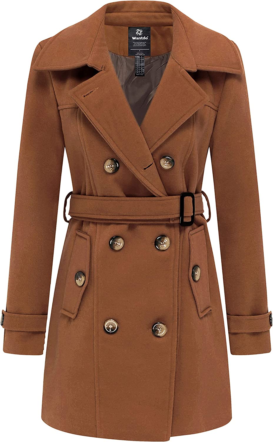 Wantdo Women's Double Breasted Pea Coat Winter Mid-Long Trench Coat with Belt
