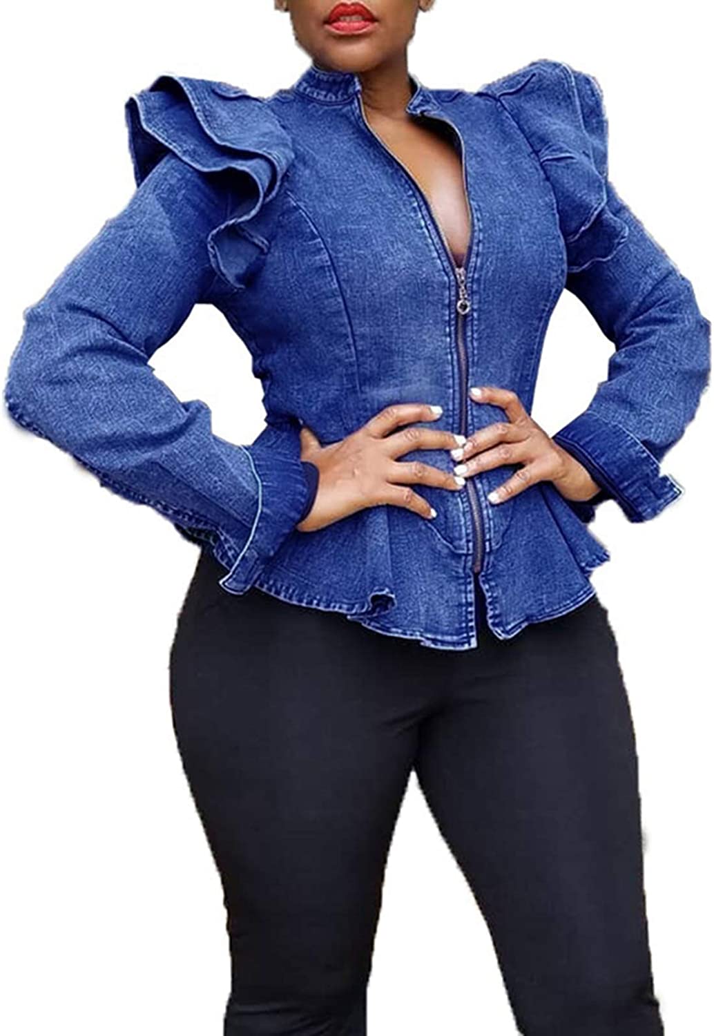 ECHOINE Women Casual Denim Jacket - Long Sleeve Zip Ruffle Shoulder Jean Jackets Peplum Coat Plus Size