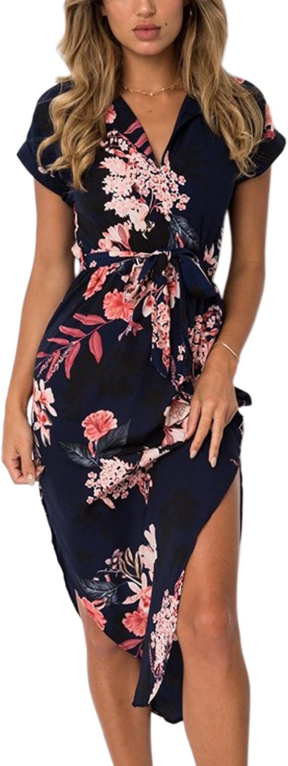 Womens Dresses Summer Casual V-Neck Floral Print Geometric Pattern Belted Dress