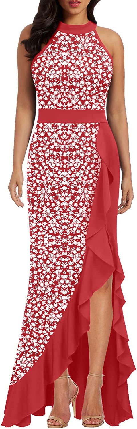 Women's Round Neck Sleeveless Dress Floral Print Empire Waist Slit Dress Mermaid Slim Fit Long Dresses