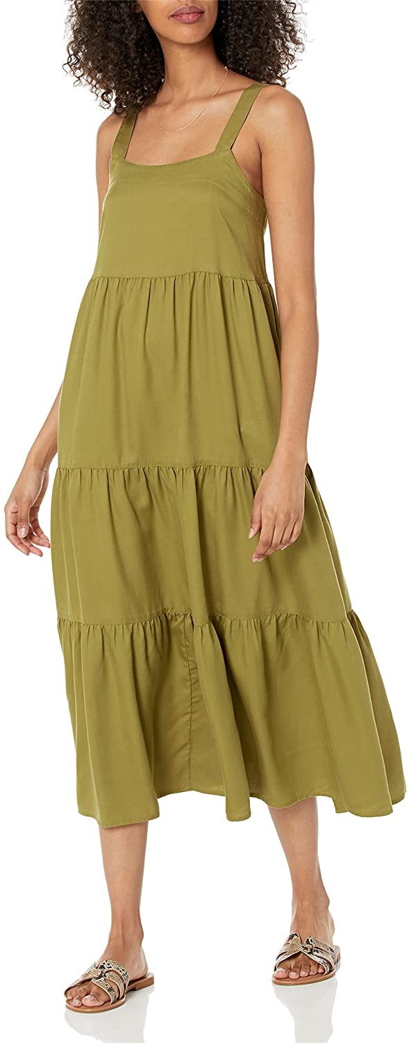 Women's Britt Tiered Maxi Tent Dress, Olive Oil, XL