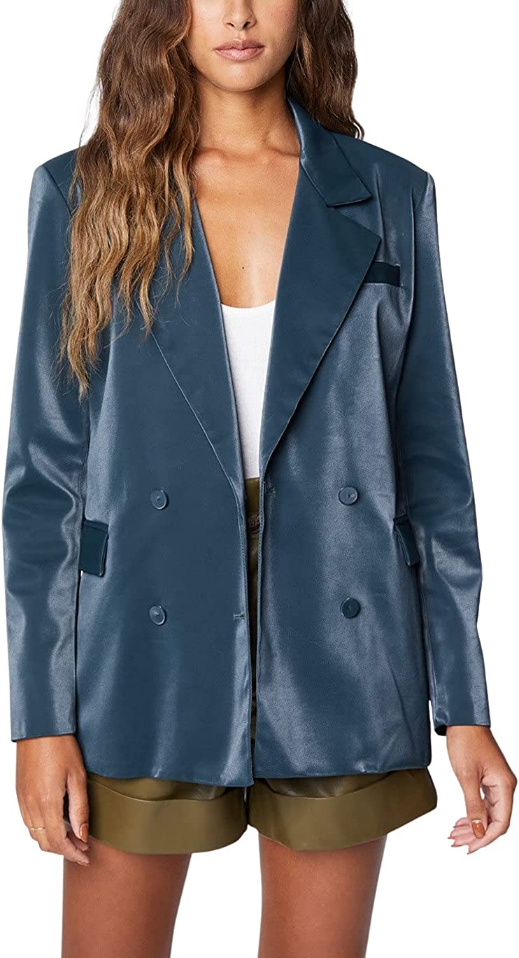 [BLANKNYC] Womens Vegan Leather Double Breasted Blazer, Comfortable Jacket & Stylish Coat