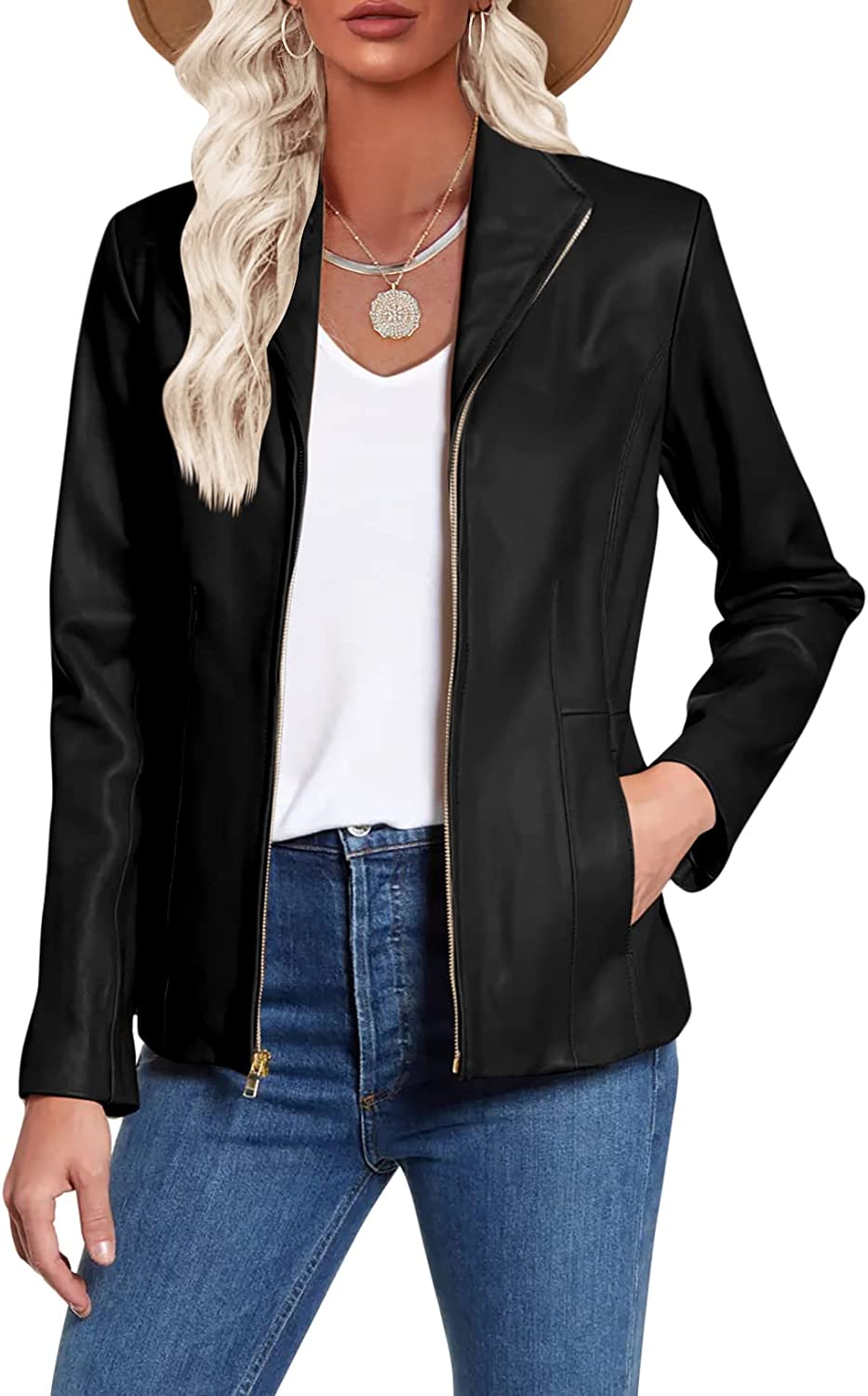 Womens Faux Leather Jackets Zip Up Lightweight Coats Long Sleeve Lapel Blazers