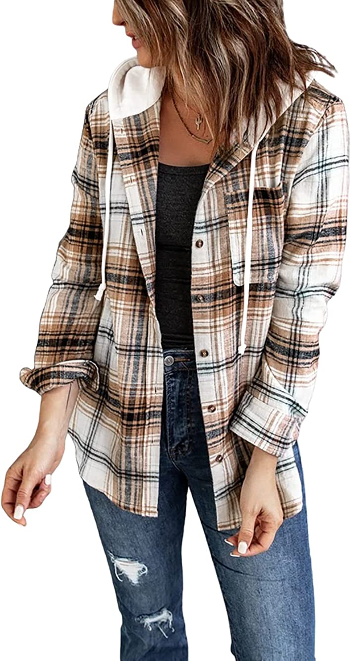 INFITTY Women's Buffalo Plaid Hoodie Long Sleeve Jacket Button Drawstring Casual Fall Shirts with Pocket