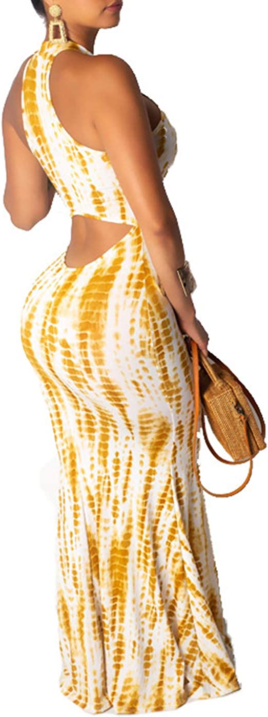 Women's Sleeveless Halter Neck Hollow Out Vintage Floral Print Party Beach Evening Long Maxi Dress