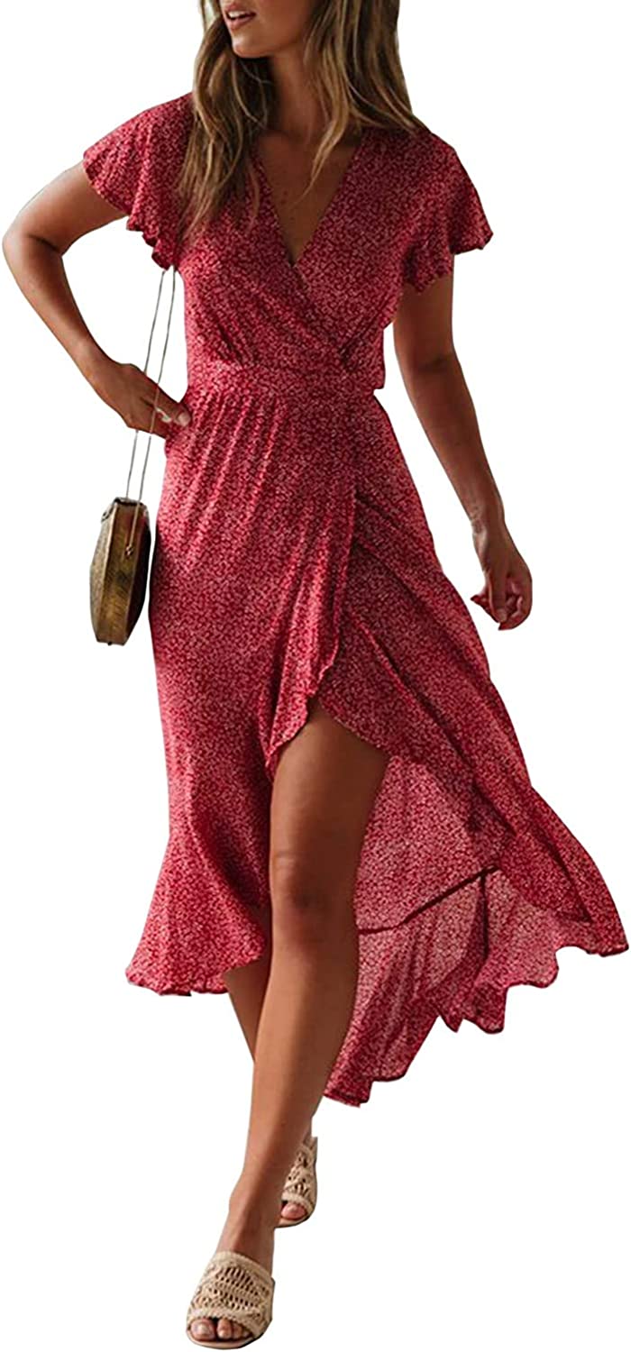 Women's Bohemian Floral Printed Wrap V Neck Short Sleeve Split Beach Party Maxi Dress