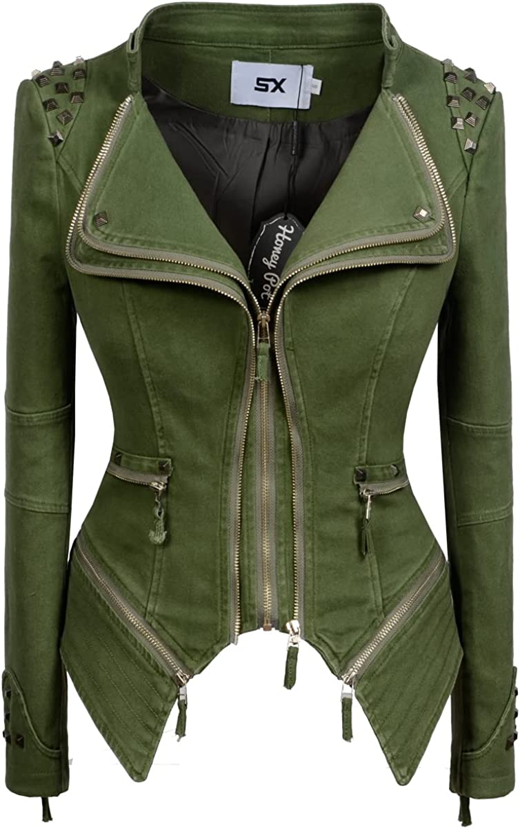 LFSS Women's classic denim jacket personalized rivet punk dovetail Motorcycle Jacket