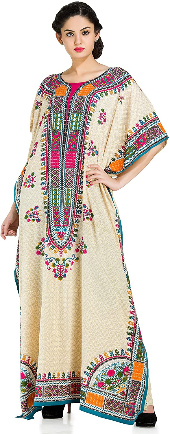 Plus Size Boho-Chic Beige Color Caftan-Style Seaside Adventure Cover-UP Dress,Beige,One Size