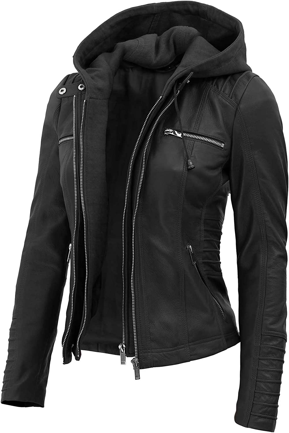 Blingsoul Leather Jacket Women - Real Lambskin Womens Leather Jacket with Removable Hood
