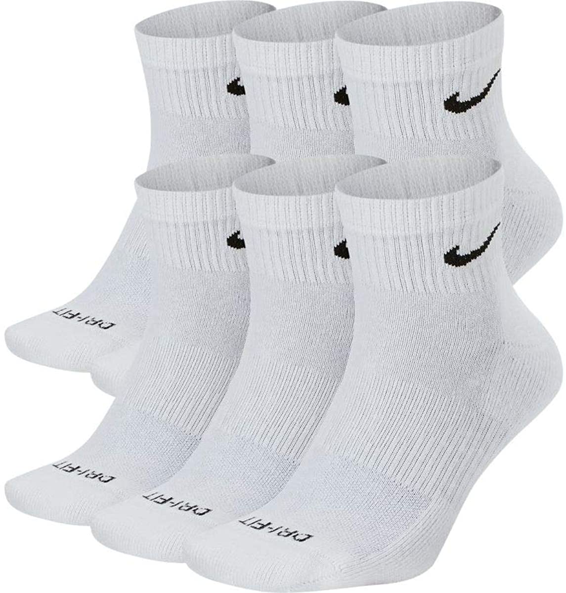 NIKE Dri-Fit Training Everyday PLUS MAX Cushioned Quarter Cut Ankle Socks 6 PAIR White Black Swoosh Logo) LARGE 8-12